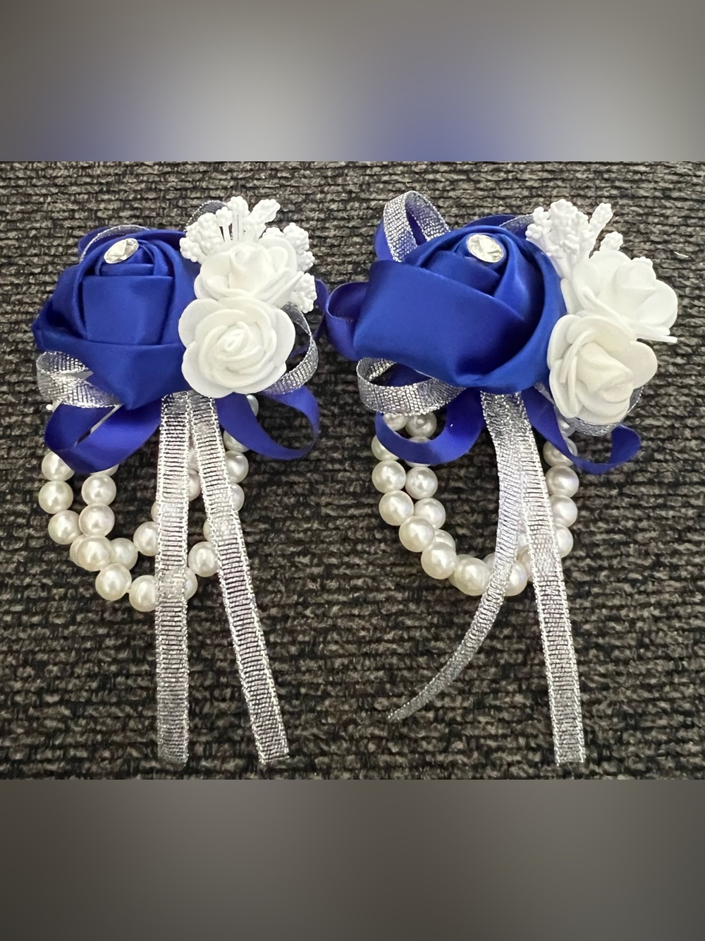 Royal Blue Satin Rose Wrist Corsages with White Pearls